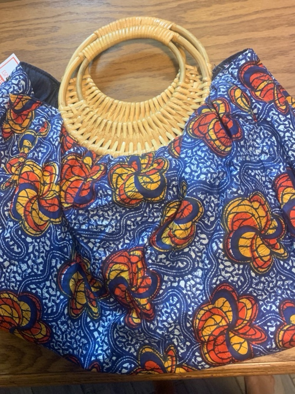 Blue Floral Print Tote with Bamboo Handles